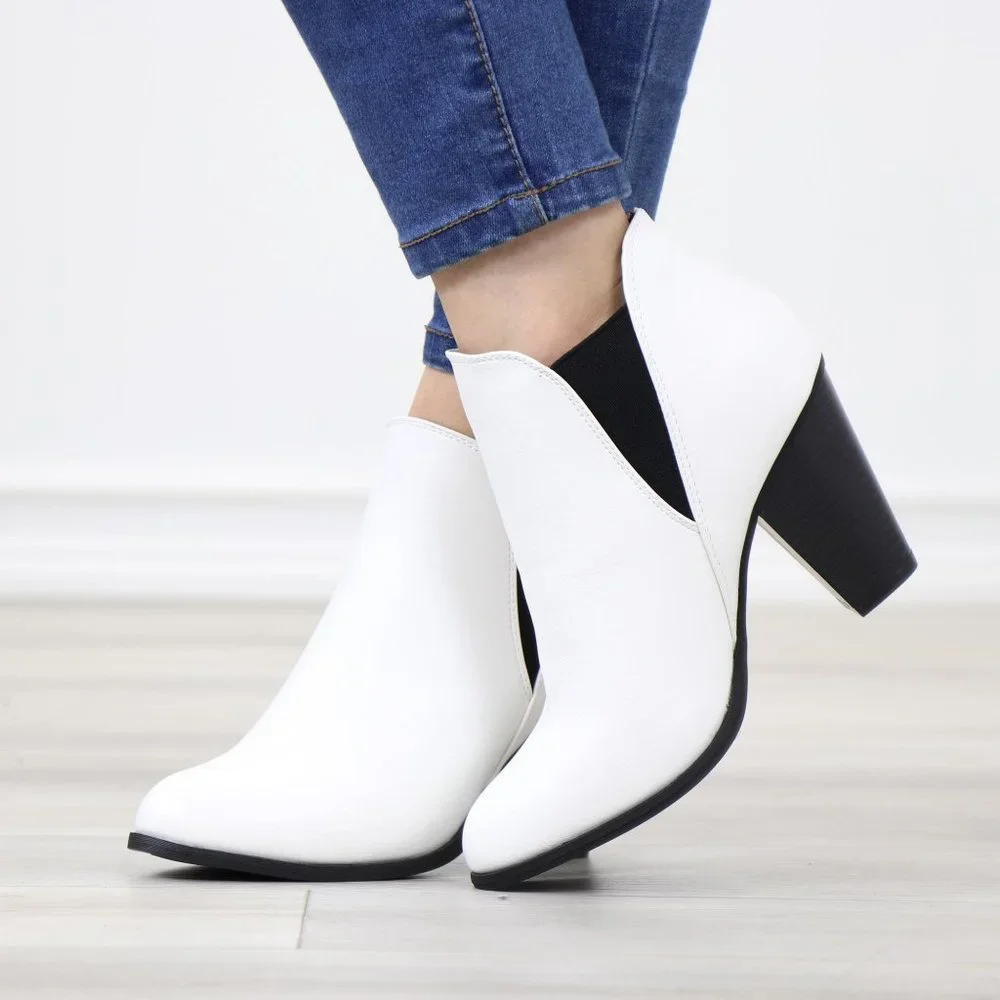 Chelsea Cone High Heel Ankle Boots White Synthetic Leather Pointed Toe - Picture 8 of 12